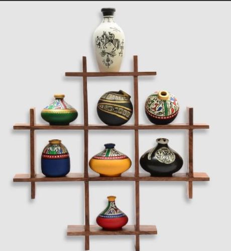 Wood Polished Plain Wall Mount Stand With Fancy Pots, Color : Brown