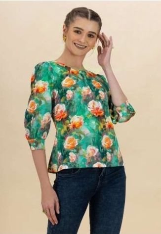 Ladies Casual Floral Print Top, Color : Multi Color Green (Base)