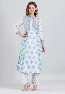 Printed Ladies Cotton Round Neck Kurti, Color : White (Base) Blue