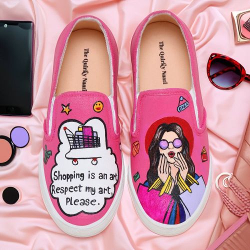 Canvas Shopaholic Print Girls Slip On Shoes, Color : Multicolor