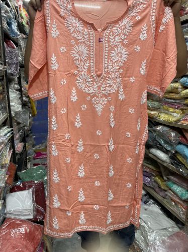 Cotton Embroidered Ladies Peach Kurti Party Wear