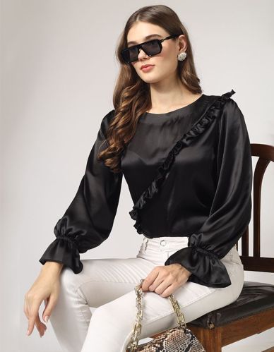 Black Satin Top With Front Frill and Stylish Sleeves For Work and Party Wear