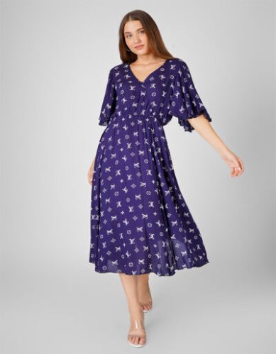 Blue Print Cotton Flair Dress With Umbrella Sleeve