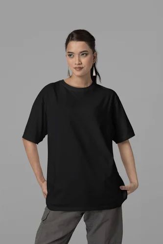 Plain Round Neck Ladies Black Cotton T-shirt, Fit Type : Oversize Fit