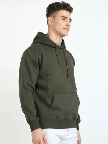 Mens Olive Green Plain Fleece Hoodie Xl, Xxl, Technics : Machine Made