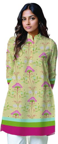 Printed Ladies Collar Neck Stylish Short Kurti, Color : Multi Color