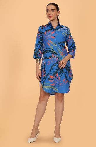Floral Ladies Leaf Patterned Dress, Color : Multicolor Blue Base