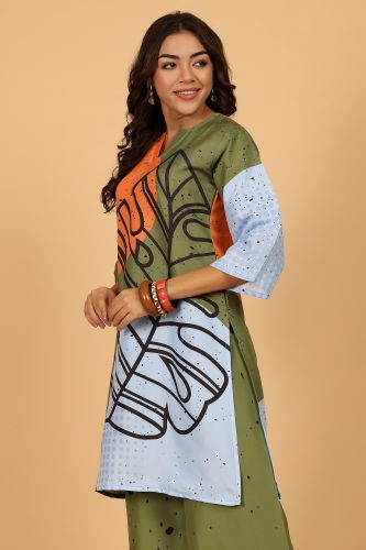 Ladies Stylish Leaf Printed Co-Ord Set, Color : Multicolor XL