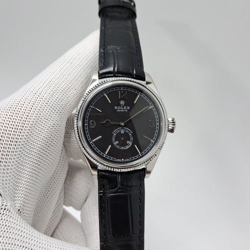 Rolex Perpetual 1908 Silver Black Dial Leather Strap Swiss Automatic Watch