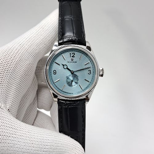 Rolex Perpetual 1908 Silver Blue Dial Black Leather Strap Swiss Automatic Watch