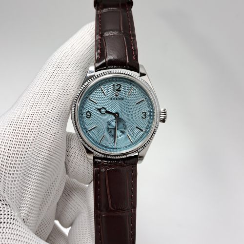 Rolex Perpetual 1908 Silver Blue Dial Brown Leather Strap Swiss Automatic Watch