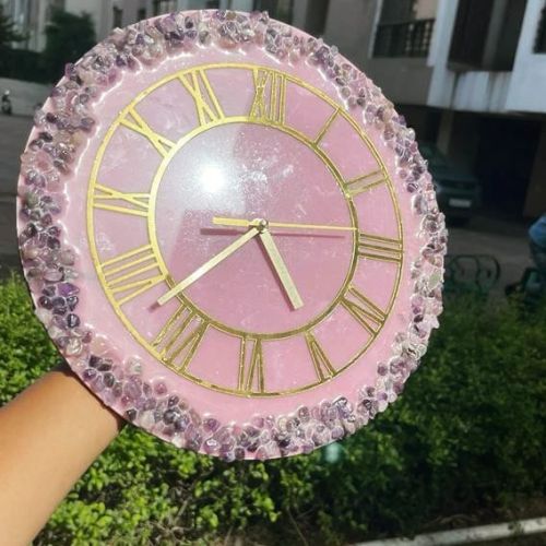 Epoxy Wood Wall Clock, Color : Pink 12inch