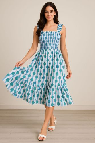 Square Neckline Cotton Flared Polka Dot Dress, Color : Blue Casual