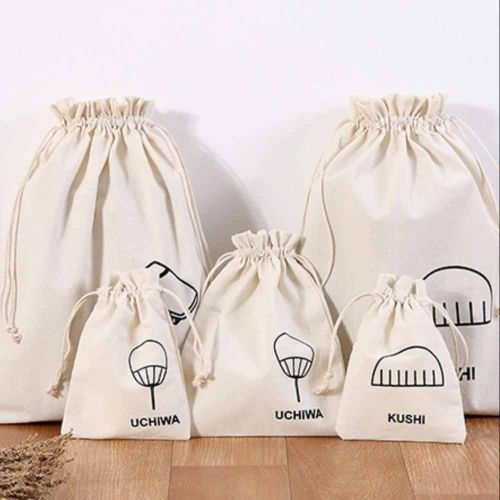 Printed Cotton Canvas Drawstring Bag, Color : Off White