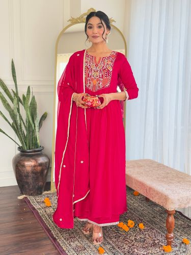 Ladies Red Vichitra Silk Embroidered Kurta, Rayon Pant And Dupatta Set
