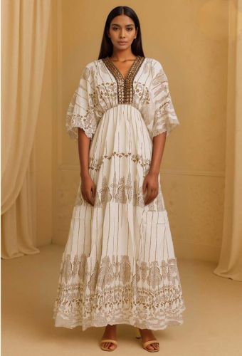 Silk Ladies Boho Printed Dress, Color : White Party Wear