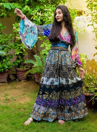 Printed Silk Ladies Top Pajama Set, Color : Multicolor