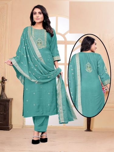 Silk Blend Ladies Fancy Embroidered Suit, Color : Teal Green