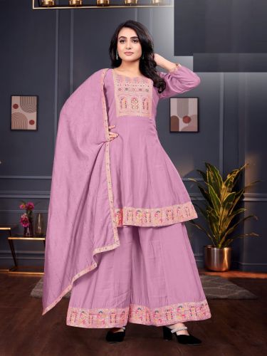 Silk Blend Ladies Lavender Embroidered Kurta Palazzo Set