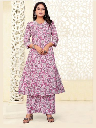 Ethnic Wear Cotton Blend Ladies Pink Floral Palazzo Set