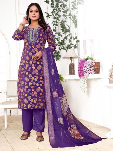 Silk Blend Ladies Purple Embroidered Celebration Suit