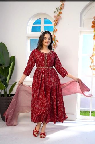 Silk Blend Ladies Red Festive Belted Dress