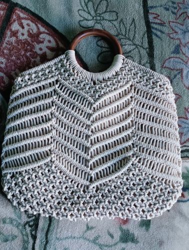 Handcrafted Off White Macrame Hand Bag with Wooden Handle