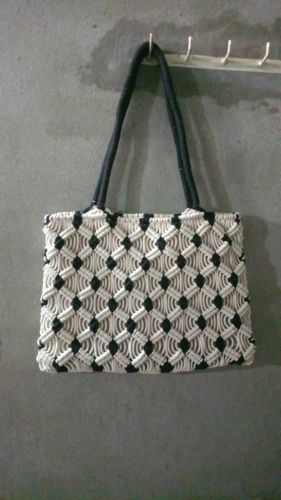 Cotton Black White Macrame Hand Bag, Closure Type : Zipper