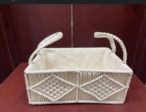 White Rectangular Cotton Rope Macrame Basket for Storage Item