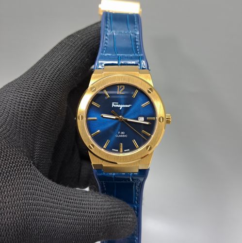 Ferragamo F-80 Classic Gold Blue Dial Blue Leather Swiss Watch