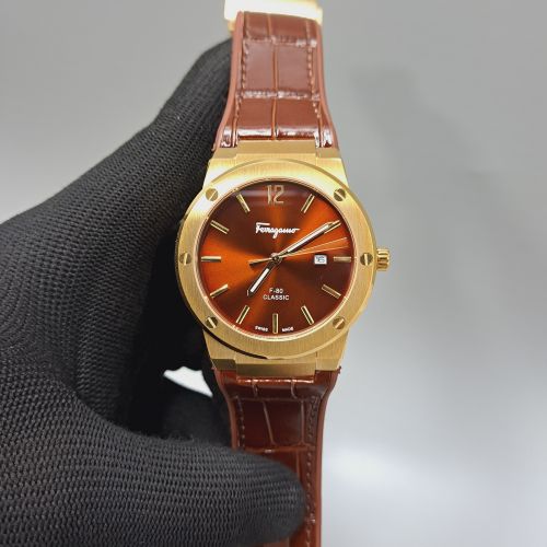 Ferragamo F-80 Classic Rose Gold Brown Dial Brown Leather Swiss Watch
