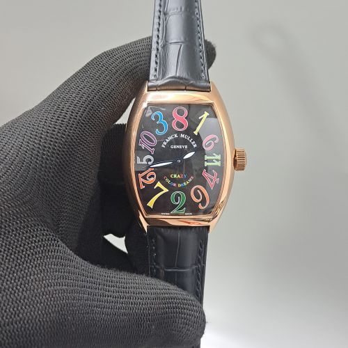 Franck Muller Crazy Hours Color Dreams Rose Gold Black Dial Black Leather Watch
