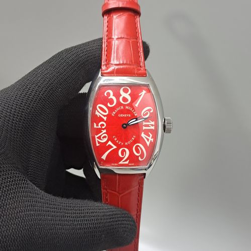 Franck Muller Crazy Hours Silver Red Dial Red Leather Strap Swiss Automatic Watch
