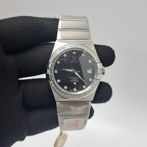 Omega Constellation Co Axial Steel Diamond Bezel Black Dial Swiss Automatic Watch