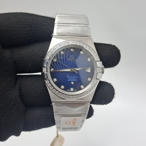 Omega Constellation Co Axial Steel Diamond Bezel Blue Dial Swiss Automatic Watch