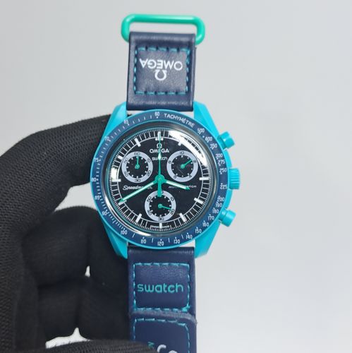 Omega Speedmaster Swatch Moonswatch Mission Blue Chronograph Swiss Watch