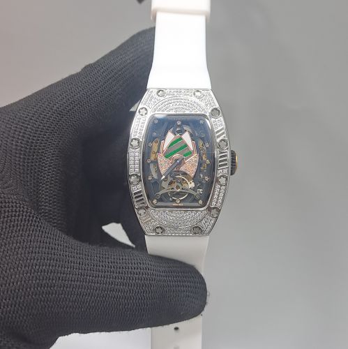 Automatic Tourbillon Talisman Diamond Silver White Rubber Strap Swiss Watch