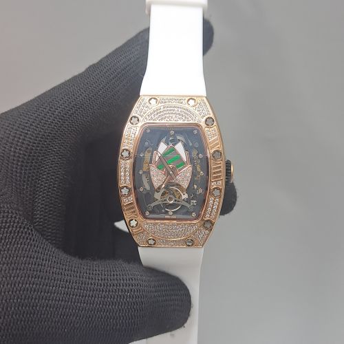 Rose Gold Tourbillon Talisman Diamond Silver White Rubber Strap Watch