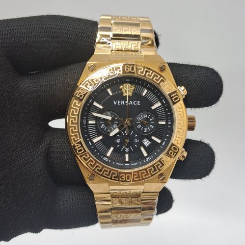 Versace V-Sporty Greca Chronograph Full Gold Black Dial Swiss Watch