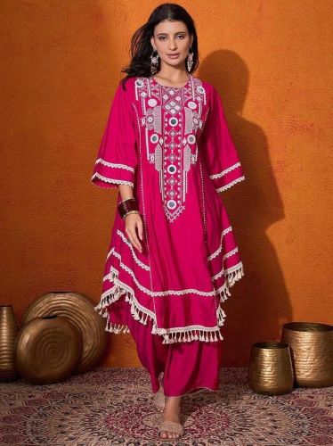 Embroidered Cotton Kaftan Dress, Color : Pink / Blue Daily Wear