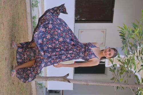 Printed Cotton Frill Dress, Color : Blue Casual Wear