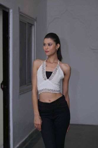 Jute-blend Fabric Jute Printed Crop Top Casual, Statement Layering