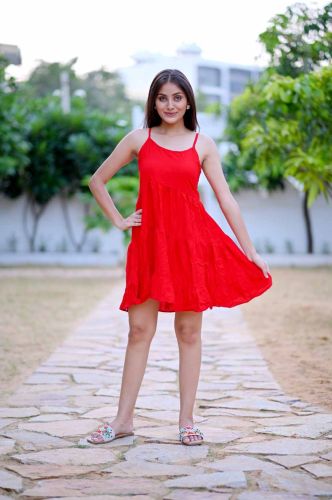 Plain Rayon Frill Dress, Color : Red