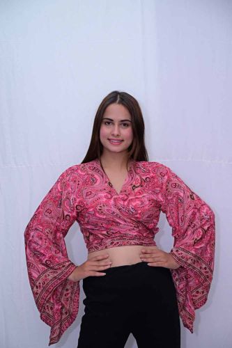 Printed Tie Top Bell Sleeve for Casual Outings, Dressier Occasions