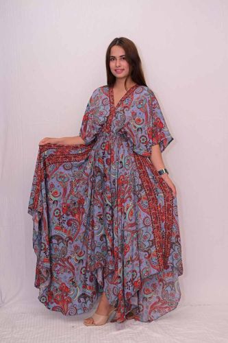 Fabric V Neck Printed Umbrella Ladies Dress