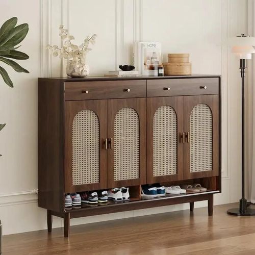 Polished Brown Wooden Cane Shoe Cabinet for Home Entryway, Hallway