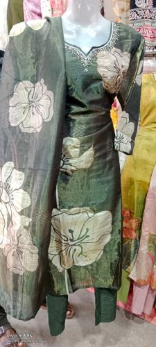 Green Printed Organza Ladies Suit, Packaging Type : Plastic Bag