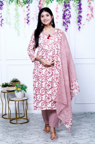 White Pink Printed Cotton Kurti Pant Set