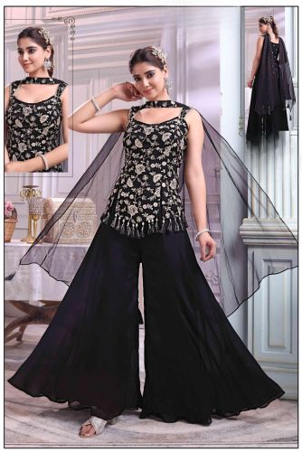 Party Wear Designer Black Sharara Suit, Pattern : Embroidered