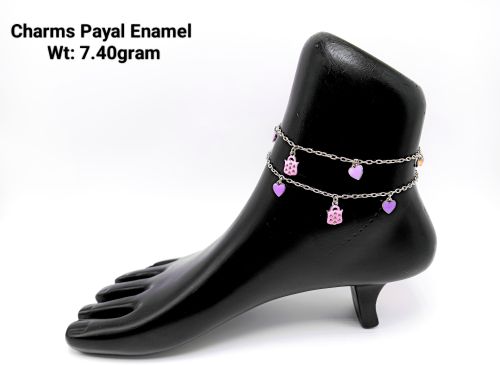Polished Enamel Charm Payal Silver Anklet, Color : Pink & Purple